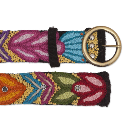 Wool belt, 'Inca Flowers' - Hand-Embroidered Floral Wool Belt from Peru