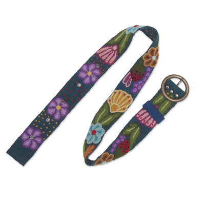Embroidered Floral Wool Belt in Teal from Peru
