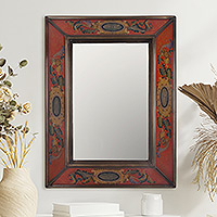 Reverse painted glass wall mirror, 'Floral Medallions in Scarlet' - Floral Reverse Painted Glass Mirror in Scarlet from Peru