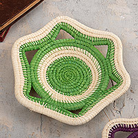 Chambira tree fiber decorative basket, 'Verdant Iquitos' - Natural Fiber Decorative Basket in Green and Beige from Peru
