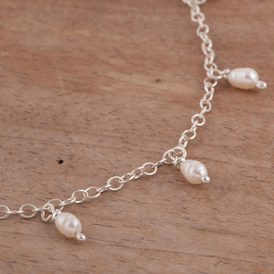 Cultured pearl charm anklet, 'Fresh Walk' - Dangling Cultured Pearl and Sterling Silver Anklet from Peru