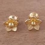 Gold plated sterling silver stud earrings, 'Glistening Petals' - Flower-Shaped 18k Gold Plated Stud Earrings from Peru