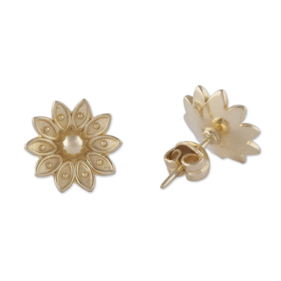 Gold plated sterling silver stud earrings, 'Gleaming Lotus' - Floral Gold Plated Sterling Silver Stud Earrings from Peru