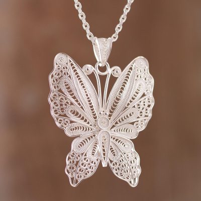 Sterling silver filigree pendant necklace, 'Paradise Flight' - Sterling Silver Filigree Butterfly Necklace from Peru