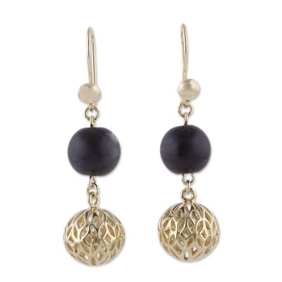 Gold plated obsidian dangle earrings, 'Celebratory Globes' - 18k Gold Plated Obsidian Dangle Earrings from Peru