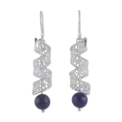 Lapis lazuli filigree dangle earrings, 'Spiral Dance' - Spiral Lapis Lazuli Filigree Dangle Earrings from Peru