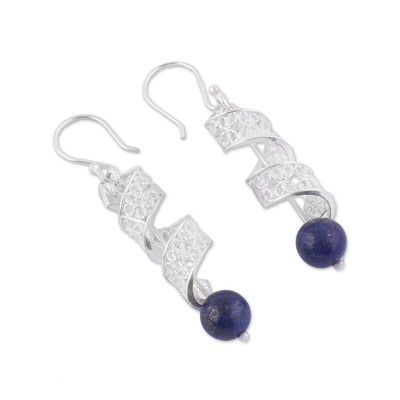 Lapis lazuli filigree dangle earrings, 'Spiral Dance' - Spiral Lapis Lazuli Filigree Dangle Earrings from Peru