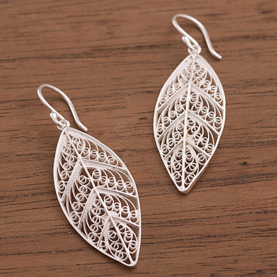 Sterling silver filigree dangle earrings, 'Spiritual Leaves' - Sterling Silver Filigree Leaf Dangle Earrings from Peru