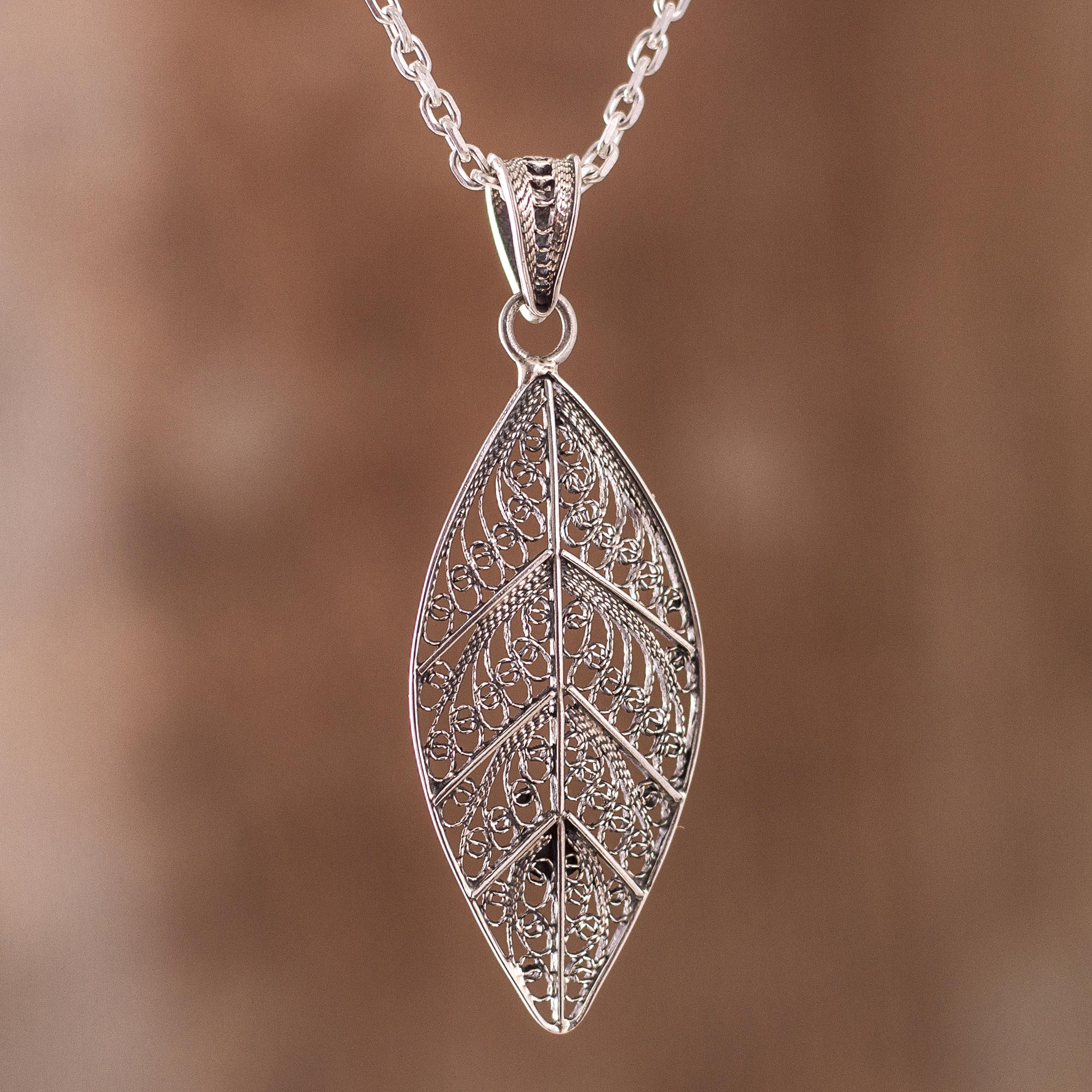 Handcrafted Sterling Silver Filigree Leaf Necklace from Peru - Mystery ...
