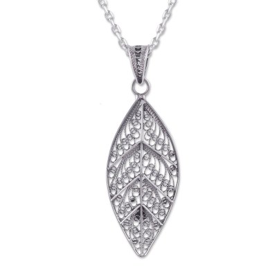 Sterling silver filigree pendant necklace, 'Mystery of the Forest' - Handcrafted Sterling Silver Filigree Leaf Necklace from Peru