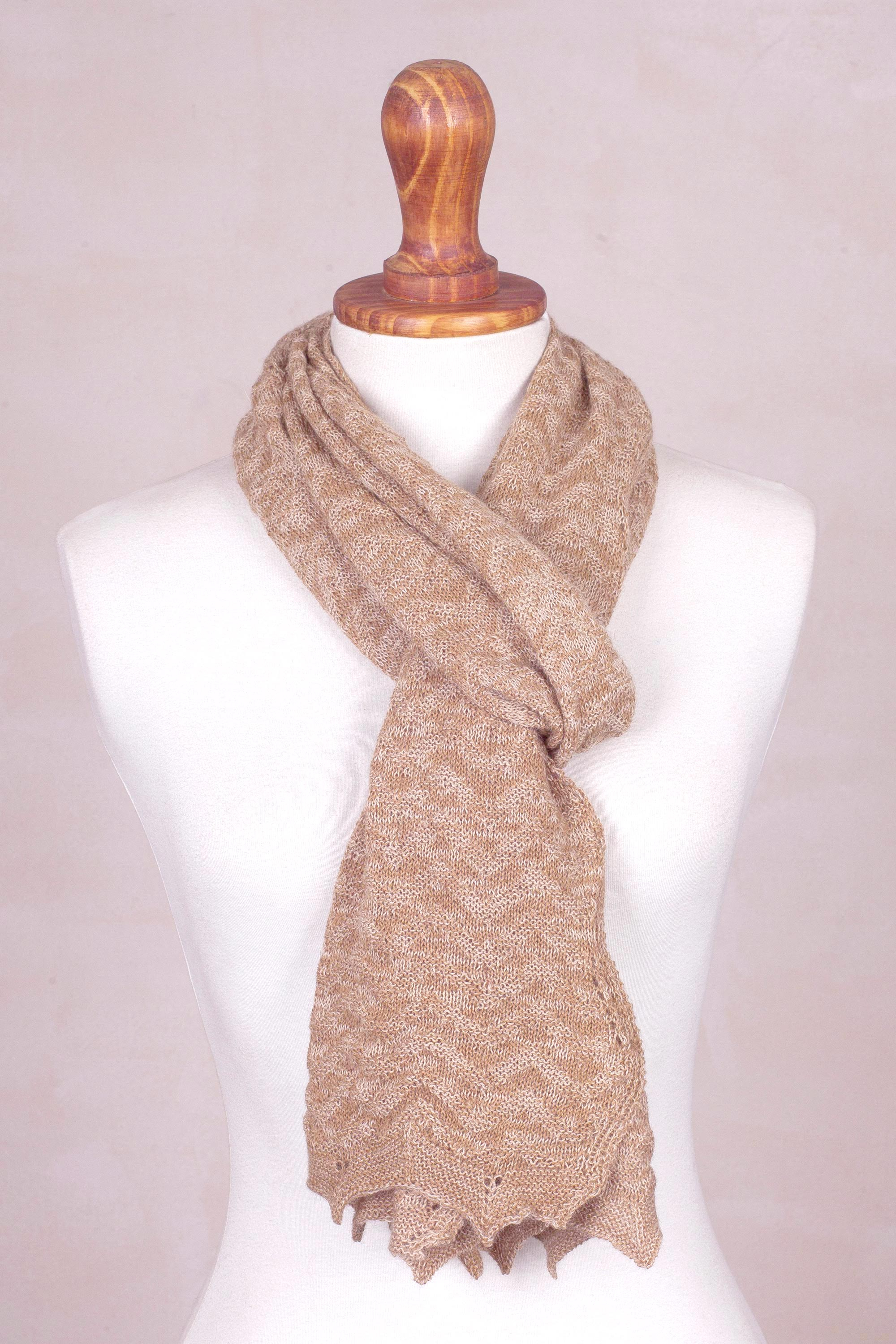 Knit 100% Alpaca Wrap Scarf in Ivory and Tan from Peru - Mountain Range ...