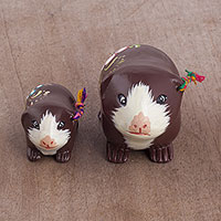 Ceramic figurines, 'Guinea Pig Family in Chestnut' (pair)