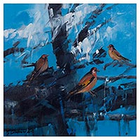'Goldfinches at Dawn' (2017) - Signed Modern Painting of Goldfinches from Peru