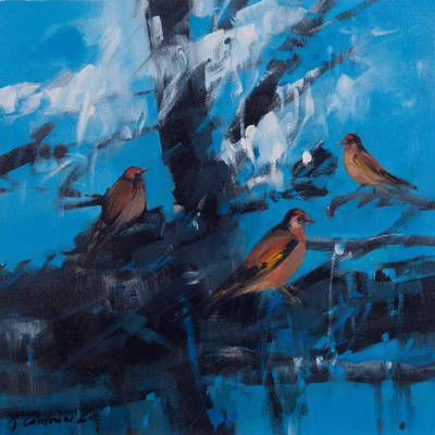 Signed Modern Painting of Goldfinches from Peru