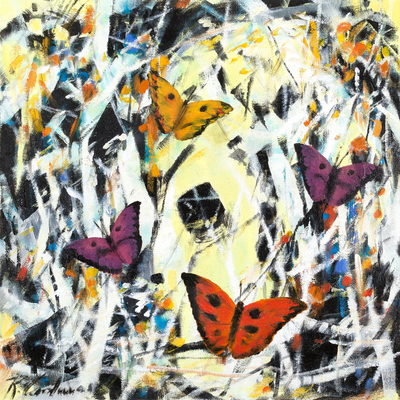 'Summer Butterflies' (2017) - Signed Painting of Fluttering Butterflies from Peru