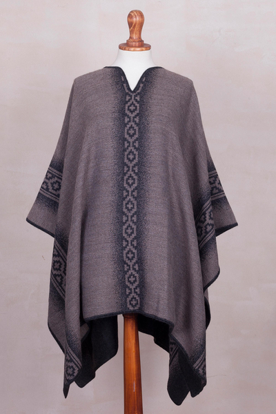 Reversible alpaca blend poncho, Chakanas in Grey and Taupe