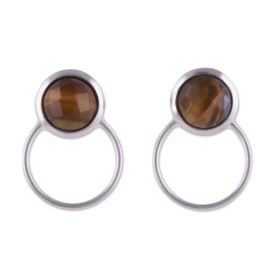 Tiger's eye drop earrings, 'Sweet Rings' - Tiger's Eye and Sterling Silver Drop Earrings from Peru