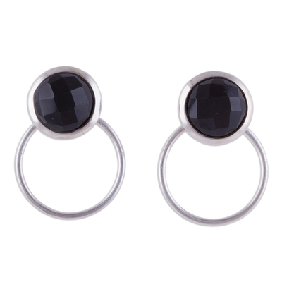 Obsidian drop earrings, 'Sweet Rings' - Natural Obsidian and Sterling Silver Drop Earrings from Peru