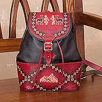 Mochila de cuero, 'Ancient Elegance' - Mochila de cuero carmesí y negro hecha a mano de Perú