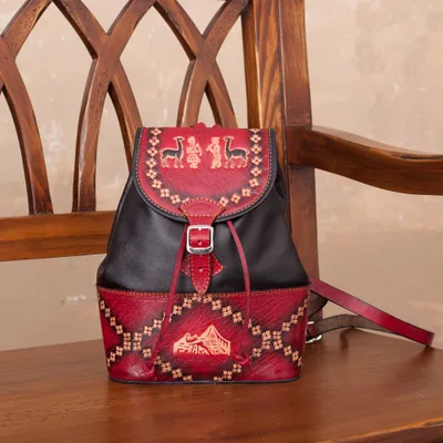 Leather backpack, 'Ancient Elegance' - Handcrafted Crimson and Black Leather Backpack from Peru