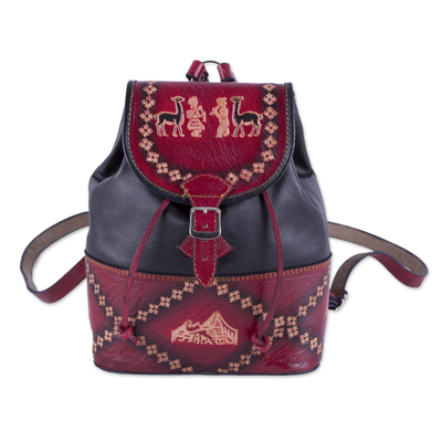 Handcrafted Crimson and Black Leather Backpack from Peru