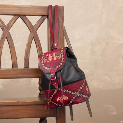 Lederrucksack - Handgefertigter Rucksack aus purpurrotem und schwarzem Leder aus Peru