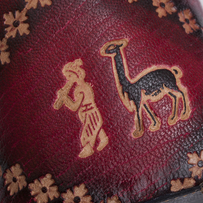 Leather backpack, 'Ancient Elegance' - Handcrafted Crimson and Black Leather Backpack from Peru