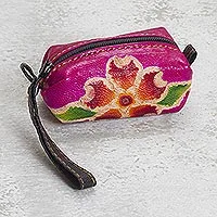 Leather coin purse, 'Passionate Flower' - Handcrafted Floral Leather Coin Purse in Cerise