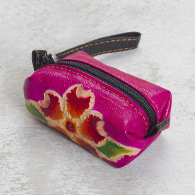 Monedero de cuero, 'Flor apasionada' - Monedero de cuero floral hecho a mano en Cerise