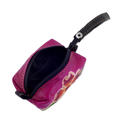 Leather coin purse, 'Passionate Flower' - Handcrafted Floral Leather Coin Purse in Cerise