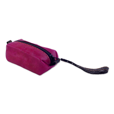 Leather coin purse, 'Passionate Flower' - Handcrafted Floral Leather Coin Purse in Cerise