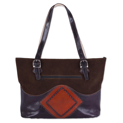 Wool accent leather tote, 'Cosmovision' - Handcrafted Wool Accent Leather Tote in Brown from Peru