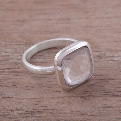 Quartz cocktail ring, 'Beautiful Soul' - Square Quartz and Sterling Silver Cocktail Ring from Peru