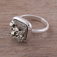 Pyrite cocktail ring, 'Beautiful Soul' - Square Sterling Silver and Pyrite Cocktail Ring from Peru