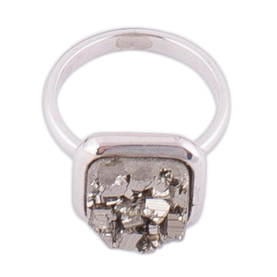 Pyrite cocktail ring, 'Beautiful Soul' - Square Sterling Silver and Pyrite Cocktail Ring from Peru