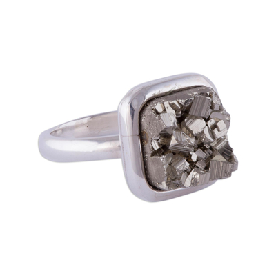 Pyrite cocktail ring, 'Beautiful Soul' - Square Sterling Silver and Pyrite Cocktail Ring from Peru