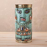 Gemstone-accented bronze and copper decorative vase, Andean Warrior