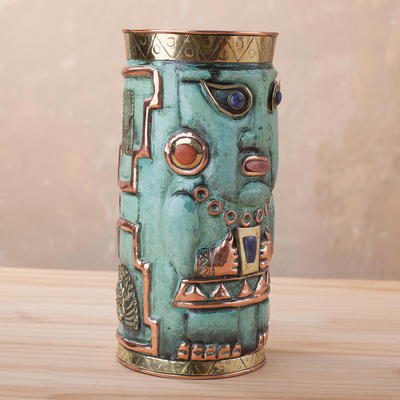 Gemstone-accented bronze and copper decorative vase, 'Andean Warrior' - Gemstone-Accented Copper Decorative Vase from Peru