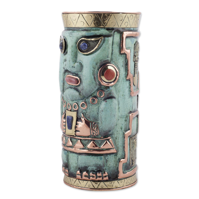 Gemstone-accented bronze and copper decorative vase, 'Andean Warrior' - Gemstone-Accented Copper Decorative Vase from Peru