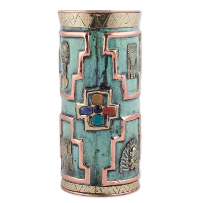 Dekorative Vase aus Bronze und Kupfer mit Edelsteinakzenten - Dekorative Kupfervase mit Edelsteinbesatz aus Peru