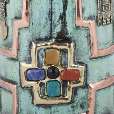 Florero decorativo de bronce y cobre con detalles de piedras preciosas - Jarrón decorativo de cobre con detalles de piedras preciosas de Perú