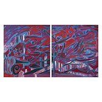 „Under the Red Sky“ (Diptychon, 2016) – Signiertes expressionistisches blaues und rotes Diptychon-Gemälde aus Peru