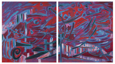 'Under the Red Sky' (diptych, 2016) - Signed Expressionist Blue and Red Diptych Painting from Peru