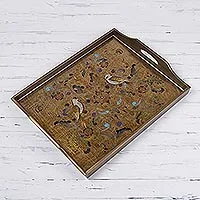 Reverse painted glass tray, 'Countryside Garden' - Reverse Painted Glass Tray with Bird and Floral Motifs