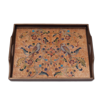 Reverse painted glass tray, 'Countryside Garden' - Reverse Painted Glass Tray with Bird and Floral Motifs