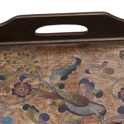 Reverse painted glass tray, 'Countryside Garden' - Reverse Painted Glass Tray with Bird and Floral Motifs