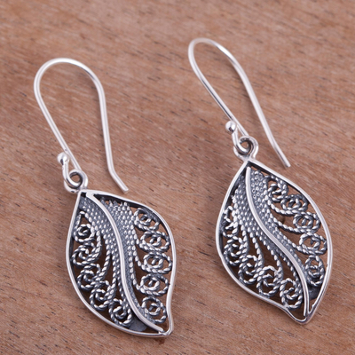 Sterling silver filigree dangle earrings, 'Spiraling Veins' - Sterling Silver Filigree Leaf Dangle Earrings from Peru