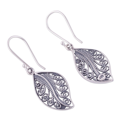 Sterling silver filigree dangle earrings, 'Spiraling Veins' - Sterling Silver Filigree Leaf Dangle Earrings from Peru
