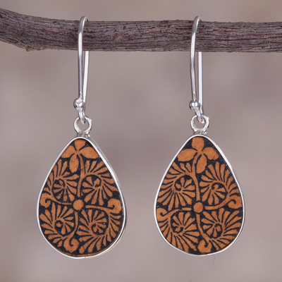 Pumpkin shell dangle earrings, 'Enchanting Flowers' - Sterling Silver and Pumpkin Shell Floral Earrings from Peru