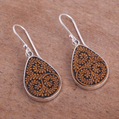 Pumpkin shell dangle earrings, 'Enchanted Copse' - Leafy Sterling Silver and Pumpkin Shell Earrings from Peru